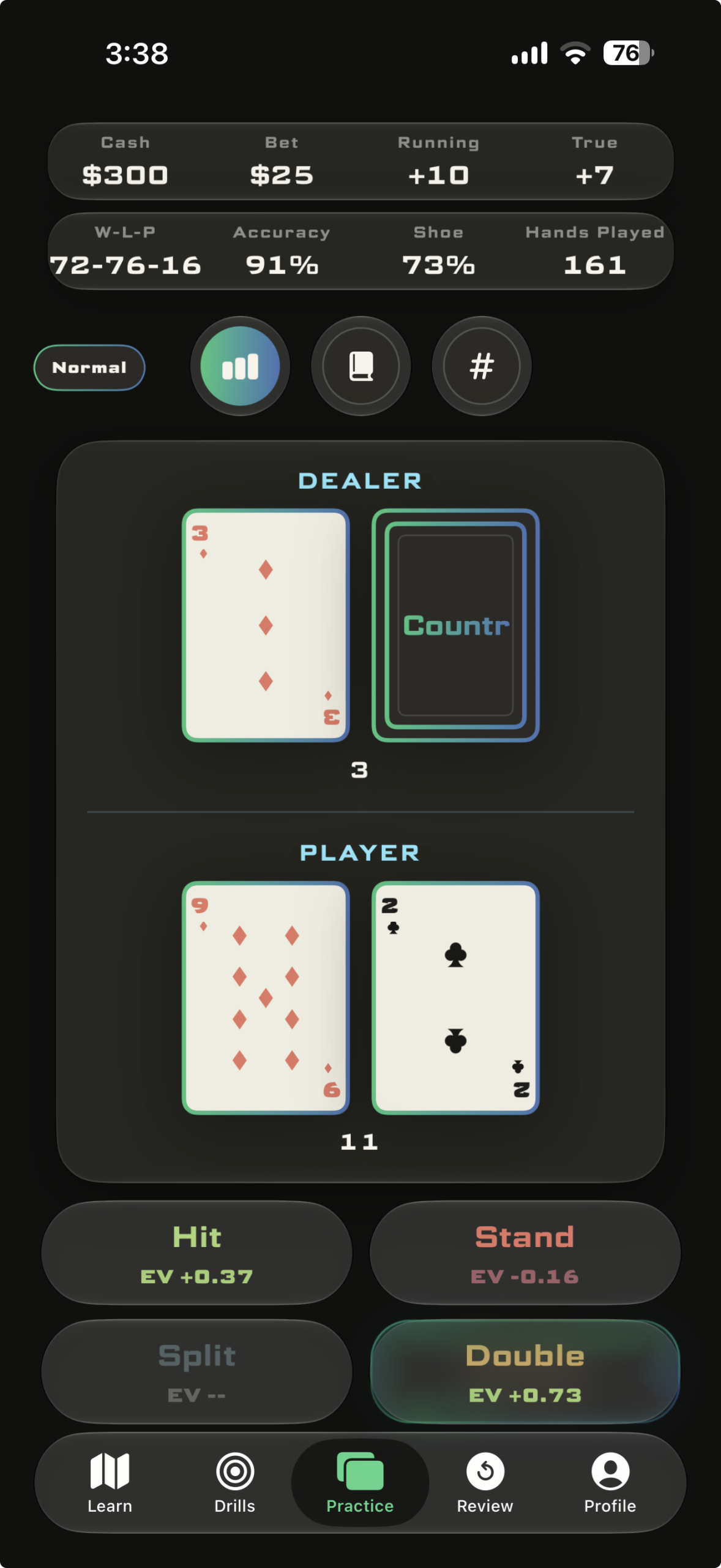 Countr blackjack practice screen